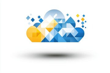 Poster - Cloud system service provider. Abstract geometric cloud design in blue and yellow tones with a shadow effect.