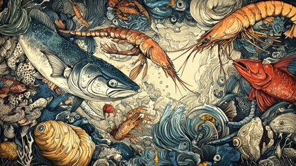 Poster - A detailed hand-drawn seafood illustration featuring a variety of fish, shrimp, and shellfish with nautical elements.
