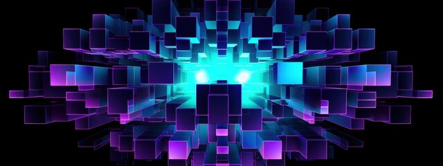 Poster - Abstract Digital Cubescape: Neon Purple and Blue Geometric Tunnel of Light and Shadow