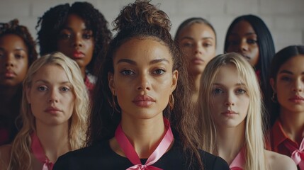 Poster - A diverse group of women, each displaying a pink ribbon, standing in solidarity.