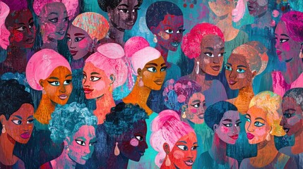 Poster - A diverse group of women, each displaying a pink ribbon, standing in solidarity. 