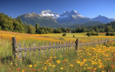 Sticker - A serene landscape featuring distant mountains framed by a rustic fence in the foreground, capturing the essence of nature's beauty.