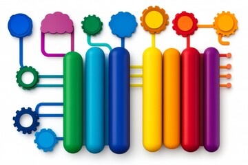 Poster - A colorful representation of data management showcasing a computer connected to various documents, gears, and cloud storage, symbolizing the integration of technology and information exchange