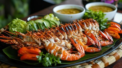 Poster - A festive dinner scene with grilled seafood being served alongside fresh vegetables and dips.