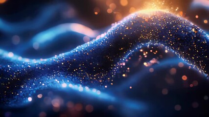 Poster - Smooth abstract waves with glowing particles floating in space, evoking a futuristic digital landscape