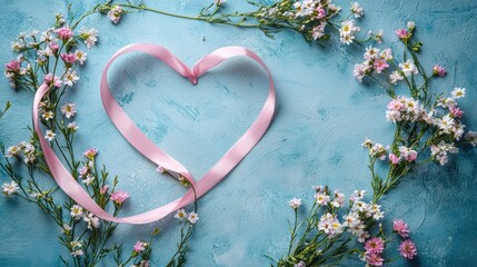 Poster - A flat lay of a pink ribbon arranged as a heart, surrounded by small flowers. 