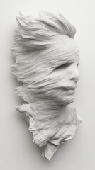 Poster - A unique sculpture reveals a face merging with fluid strands, emphasizing the beauty and movement of hair within a serene, minimalist environment