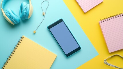Poster - A flat lay of headphones, a smartphone, and a notepad on a textured surface