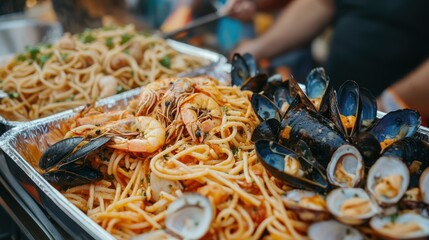 Poster - A food festival with seafood pasta dishes being served from a vendorâ€™s stall to a crowd. 
