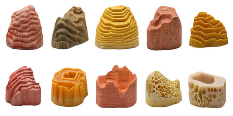 Textured rock models geological display educational material studio setting close-up view transparent background
