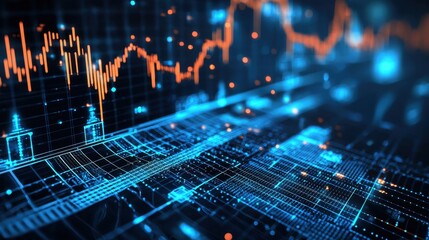 Poster - A broken investment chart on a dark cyber background with sharp, crisp lines and copy space for financial reports.