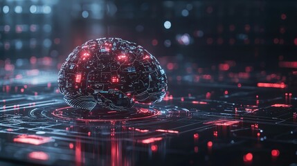 Poster - A futuristic 3D brain connected to digital circuits, symbolizing artificial intelligence. 