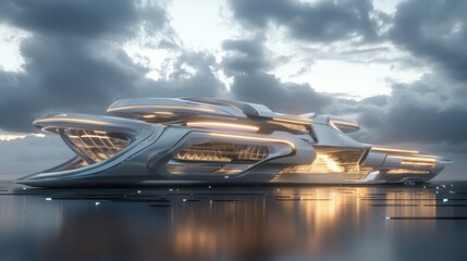 Poster - A futuristic 3D building with sleek architecture and glowing accents. 