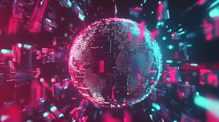Poster - A futuristic 3D globe surrounded by digital data and technological elements. 