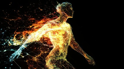 Poster - A futuristic 3D human form made of digital polygons and glowing lines. 