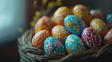 Wall Mural - Close-Up View of a Colorful Easter Basket Filled with Decorated Eggs