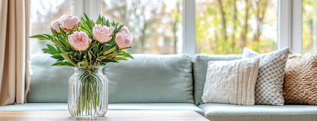 Canvas Print - Beautiful pink peonies in a glass vase brighten a contemporary living space, showcasing stylish decor and warm natural light