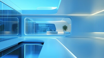 Poster - A futuristic 3D smart home with sleek lines and glowing windows.