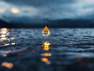 Poster - Raindrop impact on calm water surface nature outdoor close-up serenity