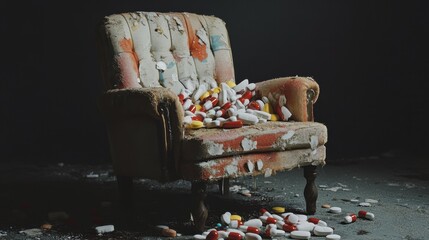 Sticker - A chair with torn fabric and scattered pills, representing addiction and societal challenges.