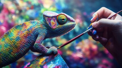 Canvas Print - A chameleon actively painting a multicolored landscape, symbolizing the adaptability needed for business innovation