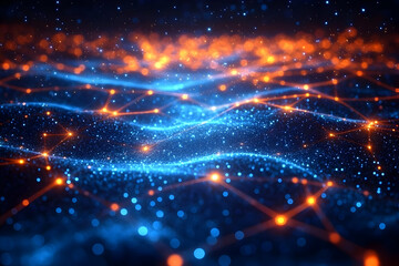 Poster - Abstract Network of Interconnected Nodes and Wavy Data Stream in Blue and Orange Hues