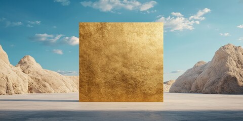 Poster - Golden cube displayed in desert landscape artistic content minimalistic environment wide angle view