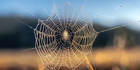 delicate spider web glistening with dew natural habitat macro serene morning light nature's art