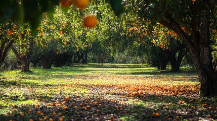 Poster - A grove of orange trees with fallen fruits scattered on the ground. 