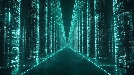 Poster - Digitally lit futuristic tunnel with data and technological patterns