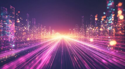 Poster - A futuristic cityscape illuminated by bright streaks of light