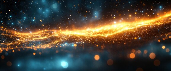 Poster - abstract golden particles glowing on dark background with starry night aesthetic