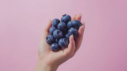 Poster - A handful of blueberries in a minimalist style with a plain pastel background 