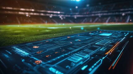 Poster - a computer with a futuristic interface on a soccer field, symbolizing the integration of digital gam