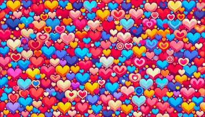 Fototapete - Colorful heart pattern filling the background with various shapes and sizes, evoking joy and affection in a vibrant design