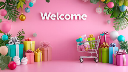 Poster - Colorful holiday decorations with gifts and a shopping cart create a festive atmosphere for celebration