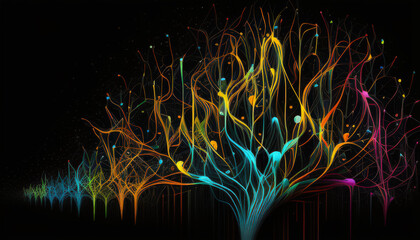 Aufkleber - Colorful abstract tree-like structure with vibrant branches and flowing lines in a dark setting