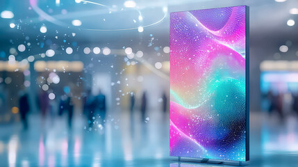Fototapete - Vibrant digital display with abstract patterns in busy indoor setting during evening hours