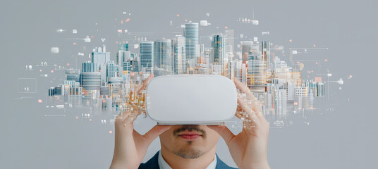 Poster - Virtual reality experience in a modern city setting showcasing advanced technology and urban architecture