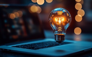 Aufkleber - A glowing light bulb hovering above a laptop, representing business innovation and technology startup, futuristic lighting, soft bokeh background, detailed textures, 8K UHD