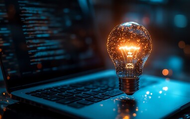Aufkleber - A glowing light bulb hovering above a laptop, representing business innovation and technology startup, futuristic lighting, soft bokeh background, detailed textures, 8K UHD