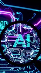 Poster - Magnifying glass zoom on ai circuitry with neon glow and dynamic patterns