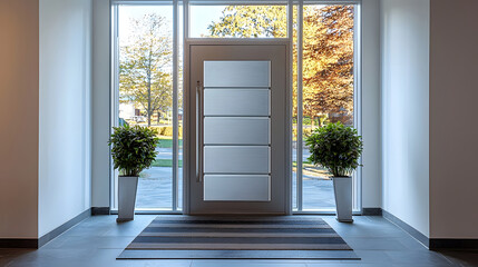 Poster - Smart Fingerprint Recognition Lock System Installed on a Modern Front Door Entrance to a Residential Building Providing Secure and Convenient Access Control Technology