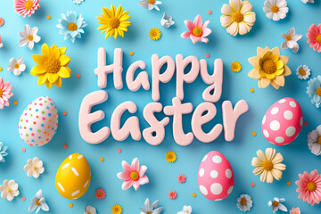 Poster - Bright and cheerful Easter decorations with colorful eggs and flowers on a blue background celebrating the holiday spirit