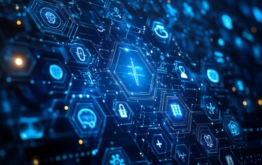 A bluethemed background with holographic health technology symbols, representing the integration of AI, wearable devices, and healthcare solutions, ultradetailed, 16K UHD