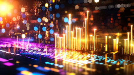 Fototapete - Vibrant Abstract Digital Visualization of Soundwaves with Glowing Lights and Colorful Background Effects