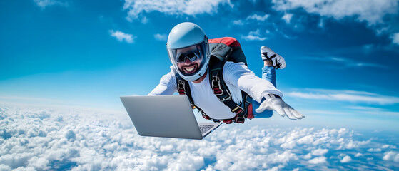 smiling skydiver in helmet and sunglasses is surfing on the sky with a laptop; business startup, successful innovation concept, 