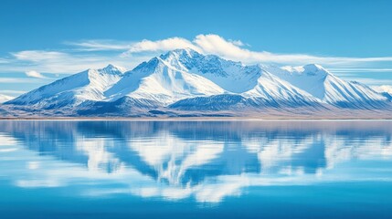 Wall Mural - Majestic mountains stand tall, mirrored perfectly in a tranquil lake under a clear blue sky, creating a serene and picturesque landscape.