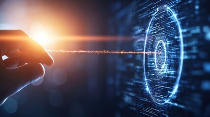 Aufkleber - A hand reaches towards a digital interface, connecting light strands to a glowing circular pattern, symbolizing technology and innovation.
