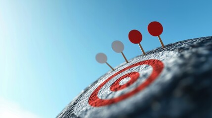 Poster - A close-up view of a dartboard with red and white targets, symbolizing focus and goal achievement against a clear blue sky.